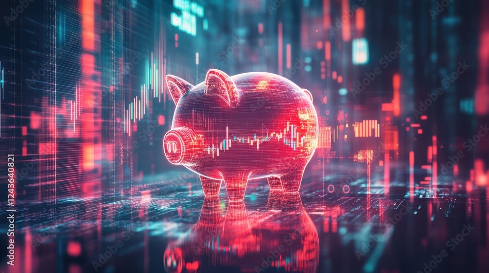 Poster creative depiction of a digital piggy bank showcasing a futuristic financial concept with vibrant co