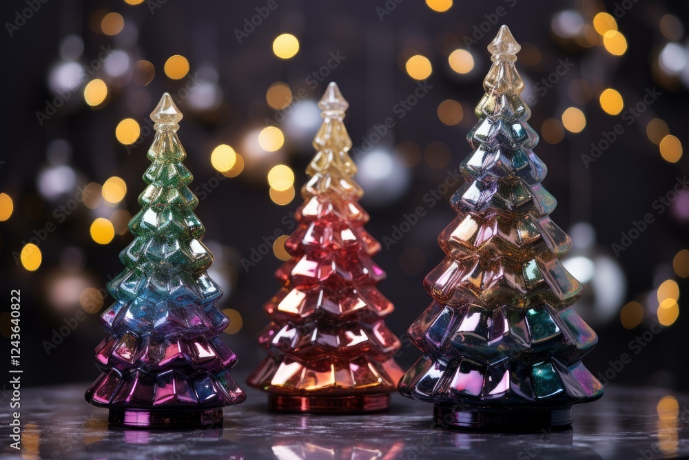 Poster three iridescent christmas trees glowing on a dark background with bokeh effect, creating a magical 
