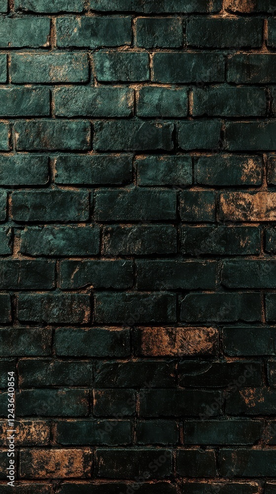 Poster dark emerald green brick wall with subtle texture and variations in color in an indoor setting