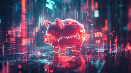 Creative depiction of a digital piggy bank showcasing a futuristic financial concept with vibrant colors and patterns