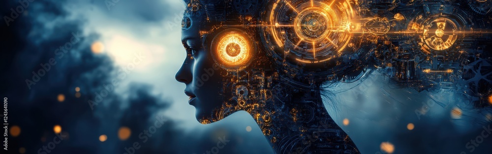 Leinwandbilder conceptual visualization of a woman's head with glowing circuitry and mechanical elements set agains