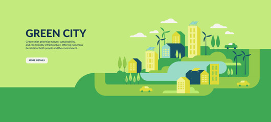 Vector flat illustration eco city landscape with green hills, lake, trees, solar panels and wind turbines. Modern city with eco energy. Banner