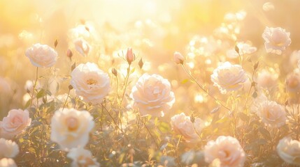 A field of wild roses in soft pastel hues, gently swaying in the golden sunset light, creating a dreamy and peaceful countryside atmosphere