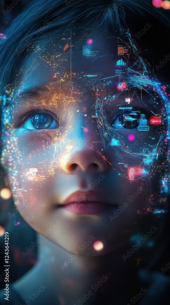 Aufkleber conceptual display of a child's face with digital and futuristic elements representing imagination a