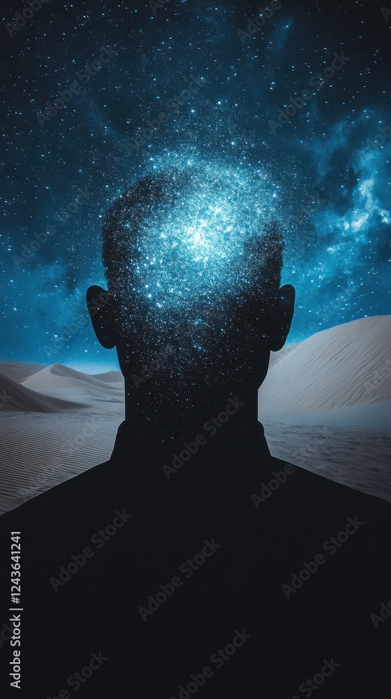 Poster conceptual silhouette of a man against a cosmic sky in a desert setting, representing thoughts and i