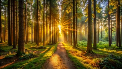 Fototapeta premium Sun Flare Illuminating Forest Path: Magical Golden Hour Architecture Photography