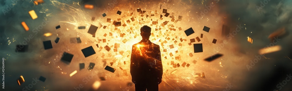 Poster conceptual representation of a glowing man surrounded by floating pieces in an abstract environment