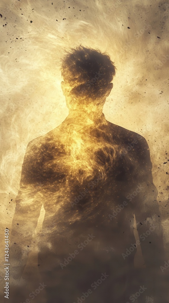 Poster man radiating a warm glow in a surreal environment representing inner strength and energy