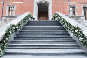 Obraz premium Decorative Stairs with Greenery and Flowers for Festive Occasion