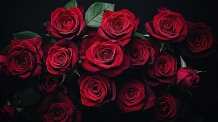 Obraz premium A luxurious bouquet of deep red roses with velvety petals, arranged elegantly against a dark black background, exuding romance and sophistication