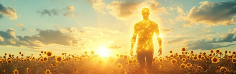 Obraz premium Man glowing with radiant energy walking through a field of sunflowers at sunset surrounded by a vibrant sky