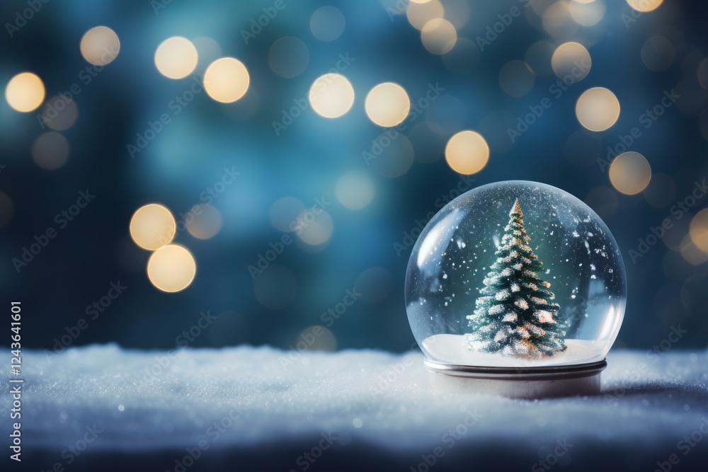 Poster snow globe with christmas tree glowing on snowy surface with blue bokeh lights in background