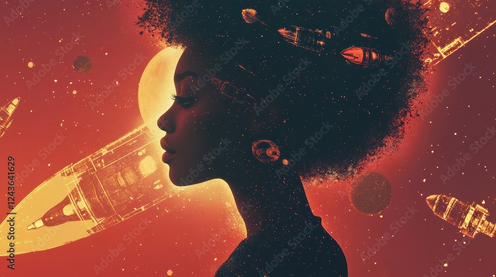 Poster conceptual silhouette of a woman surrounded by cosmic elements and rocket designs in a vibrant space
