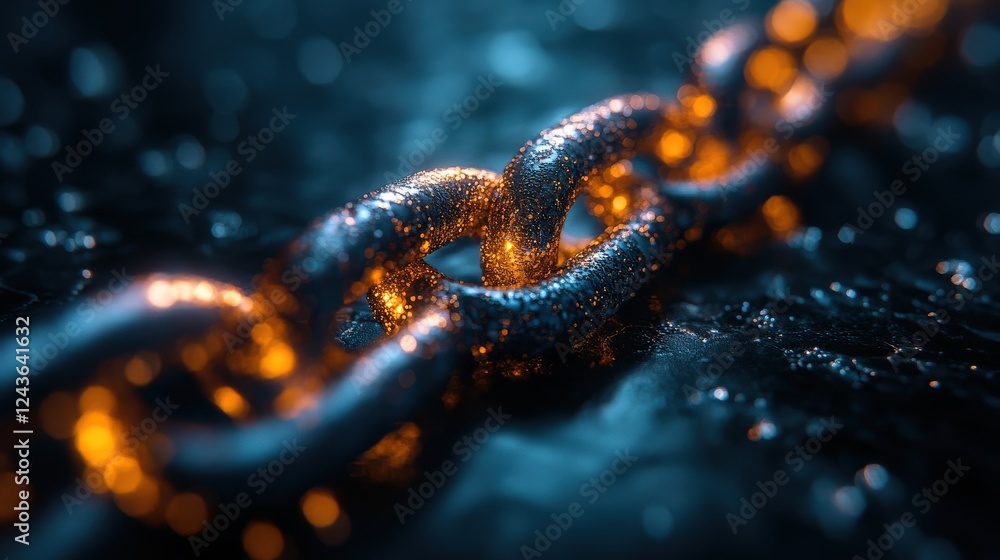 Aufkleber close-up view of a glowing chain link on a wet surface, highlighting texture and reflections