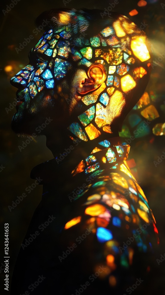 Poster conceptual depiction of a man's profile illuminated by colorful reflections from stained glass