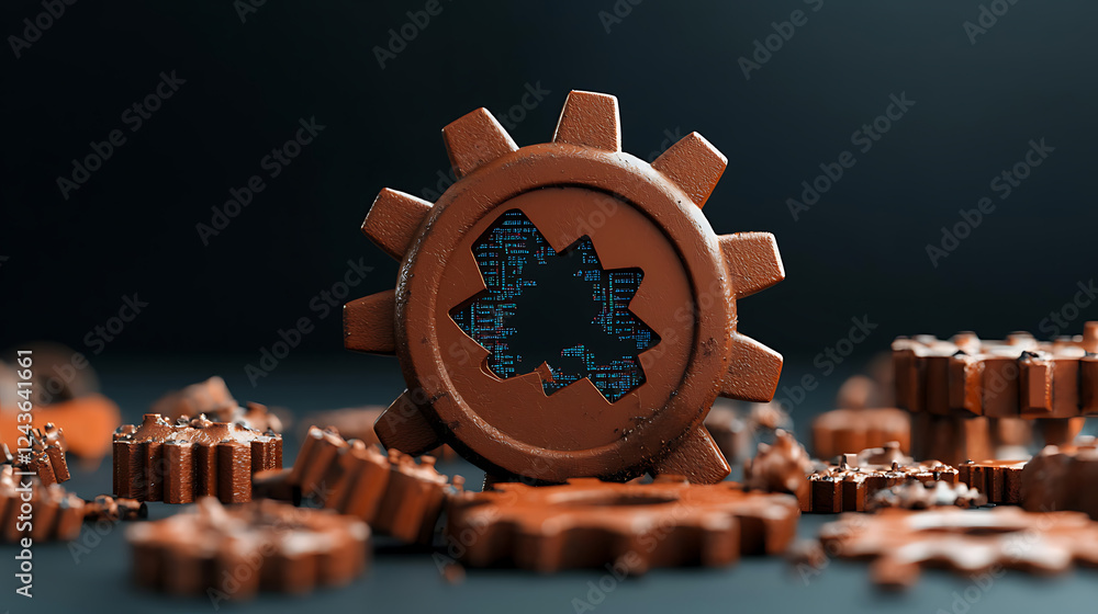 Aufkleber intricate gear mechanism with digital elements studio setting product photography tech environment c