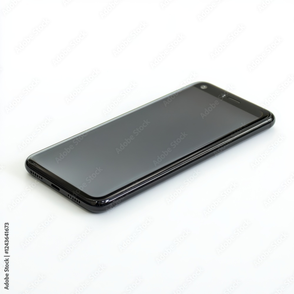 Poster compact black smartphone with a reflective surface positioned on a flat white surface