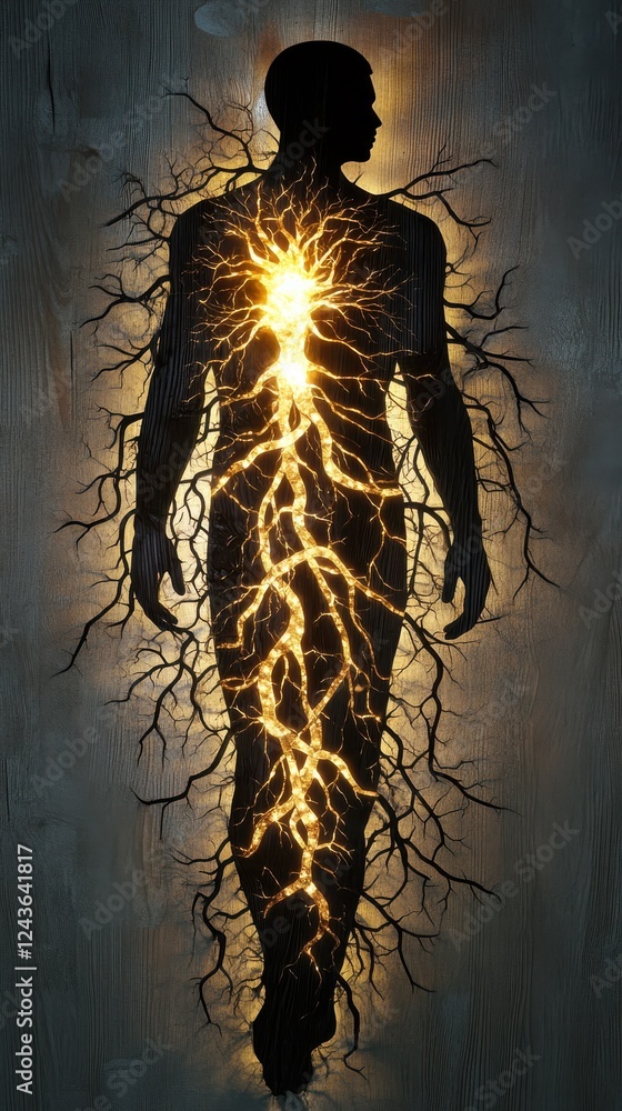 Poster man with glowing energy emerging from his core and surrounded by intricate light patterns