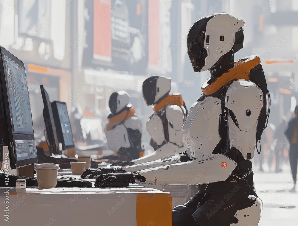 Poster white robots working on computers outdoors in a snowy city. futuristic scene with a cold atmosphere