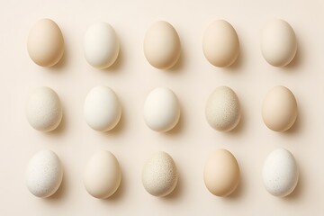 A variety of chicken and goose eggs on a beige background