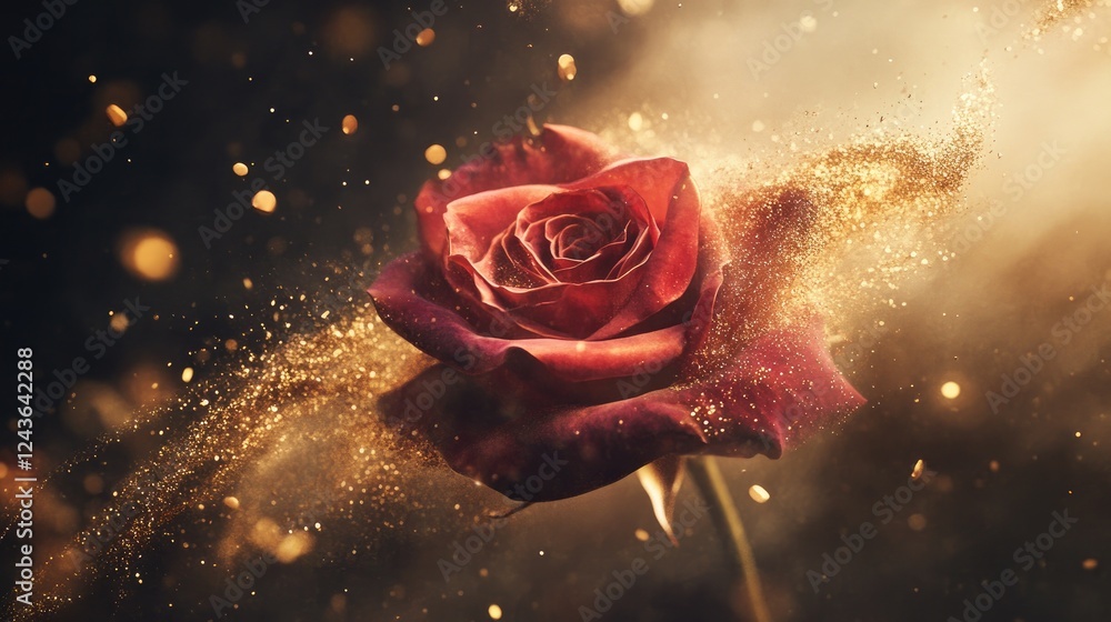 Poster a surreal floating rose with delicate petals disintegrating into golden dust, creating an artistic a