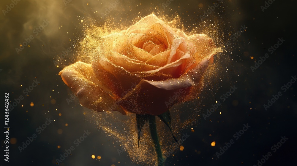 Poster a surreal floating rose with delicate petals disintegrating into golden dust, creating an artistic a