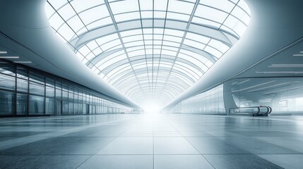 Modern airport terminal walkway, light-filled, arching glass roof, escalators visible, interior design