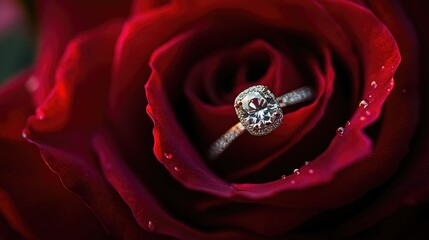 A beautiful engagement ring placed inside the petals of a blooming red rose, symbolizing love, commitment, and a romantic proposal