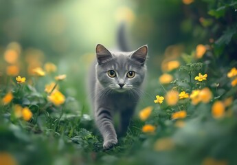 Obraz premium Gray Cat Walking Through a Vibrant Meadow Filled with Bright Yellow Flowers in Soft Natural Light