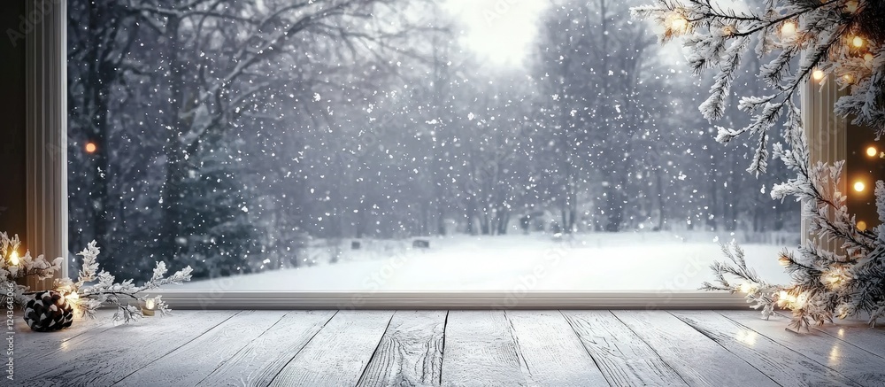 Poster an empty tabletop offers a serene view of a snowy window outside.