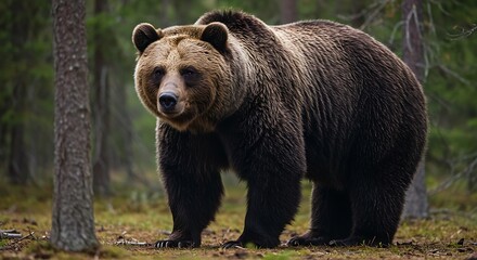 Fototapeta premium Majestic Brown Bear in the Forest: A Powerful Wildlife Encounter