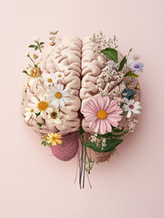 Brain design symbolizes spring with blooming flowers and vibrant colors for a creative exploration of nature and mental health