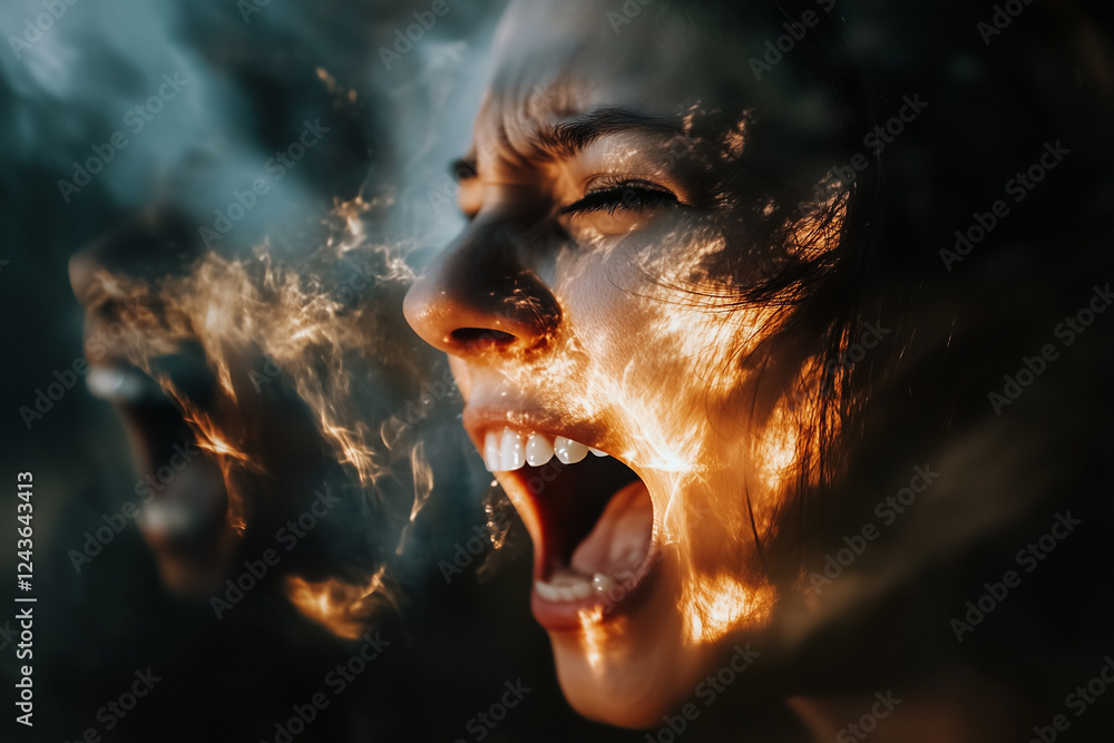 Aufkleber intense emotional expression captured in a vivid close-up featuring ghost-like elements in the backg