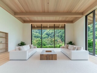 Modern minimalist living room with large windows and natural light highlighting a serene green view, featuring comfortable white sofas and wooden accents