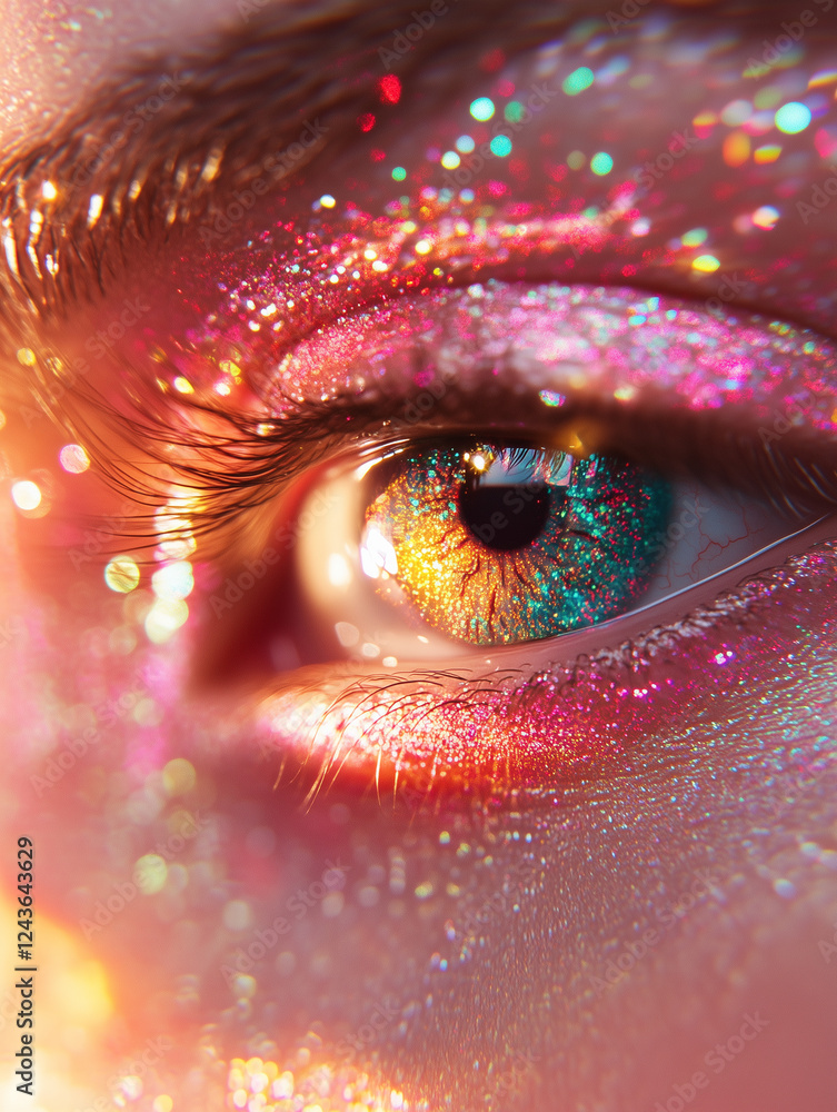 Aufkleber close-up view of an eye with vibrant reflections and sparkling elements showcasing intense colors an