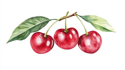 Sweet Red Cherries with Glossy Highlights and Fresh Green Leaves