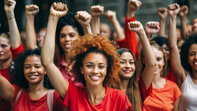 Empowered women gather at a protest for feminist rights, celebrating unity and strength