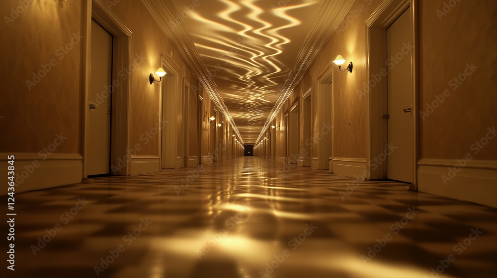 Poster corridor appears to stretch infinitely with soft lighting and reflective floor in a quiet building