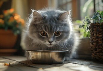 Gray fluffy cat with striking eyes curiously staring at metal food bowl near green plants and flowers in cozy indoor setting illuminated by warm sunlight