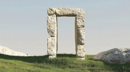 Stone Arch in Green Field Under Clear Skies with Natural Rocks