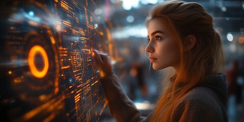 Woman interacts with futuristic interface.