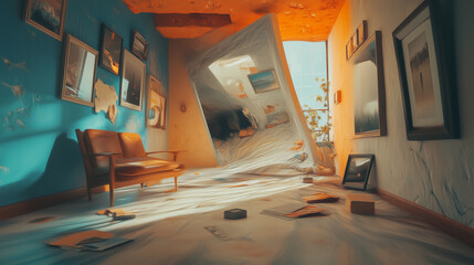 Distorted room with melting walls and surreal interior design capturing the essence of dreamlike imagination and creativity