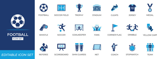 Football icon set featuring match elements, goal, league, soccer, team, award, baseball, basketball, betting, cheering, coach, competitive, corner, and sports competition essentials.