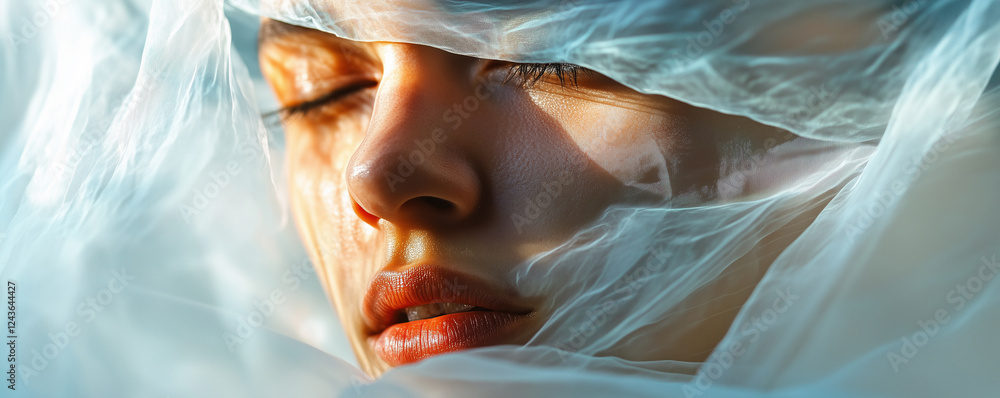 Poster face partially covered with translucent fabric illuminated by soft light in serene outdoor setting