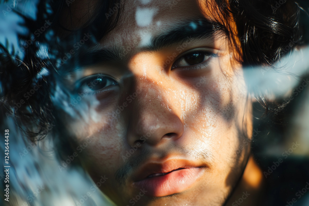 Poster face illuminated by soft natural light with faint overlays creating an artistic portrait during a su