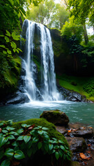 Obraz premium green nature and waterfall wallpaper background, vibrant. with white shades