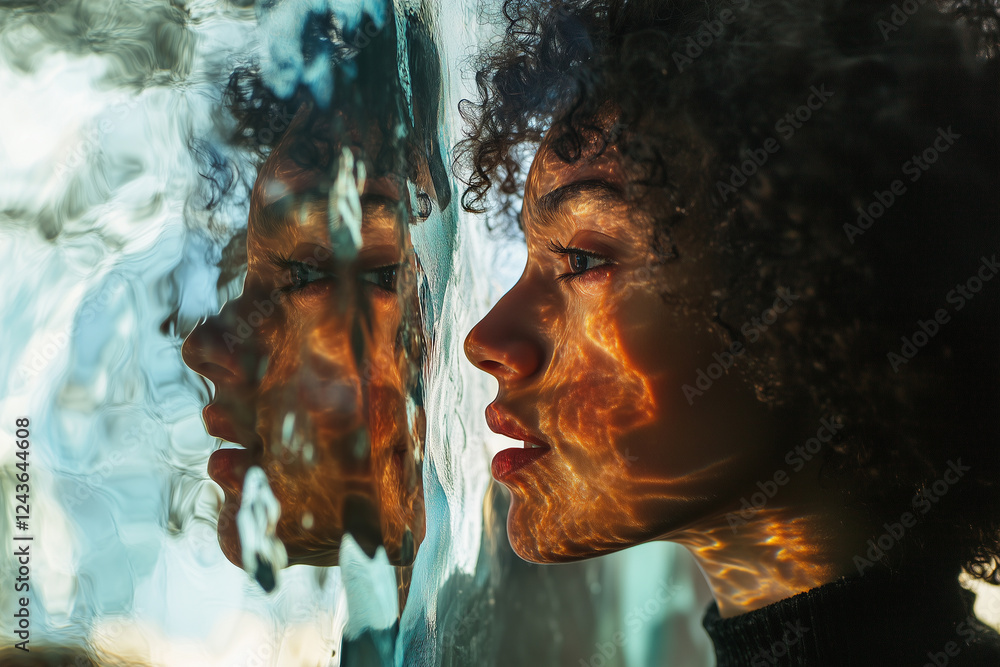 Aufkleber figure stands in front of a mirrored surface reflecting patterns of light and color in an artistic d