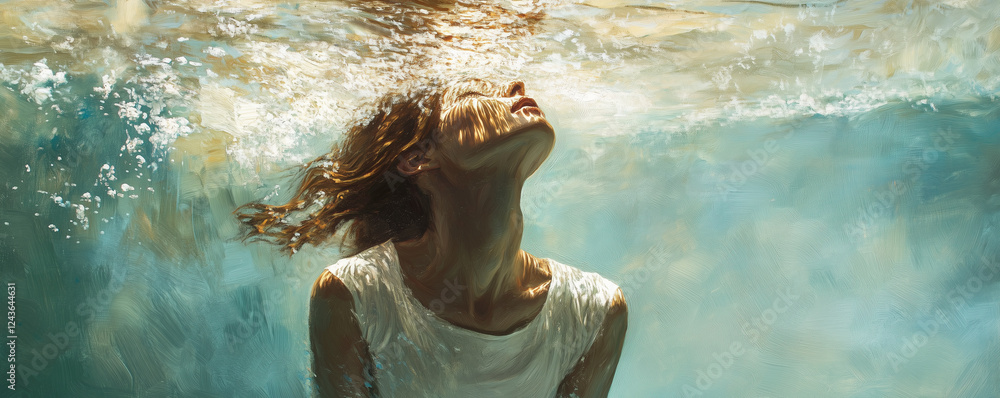 Poster figure submerged underwater with light refracting through the water surface creating a serene atmosp