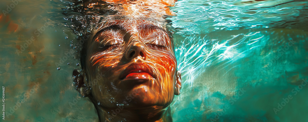 Aufkleber submerged figure in water with light refraction creating colorful patterns in a tranquil underwater 