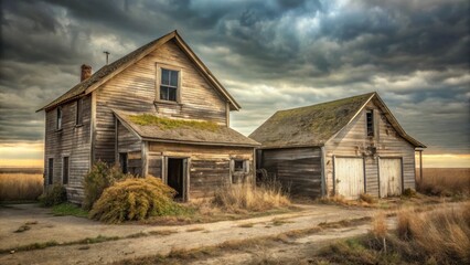 A weathered farmhouse and attached garage stand abandoned in a rural field under a dramatic sky